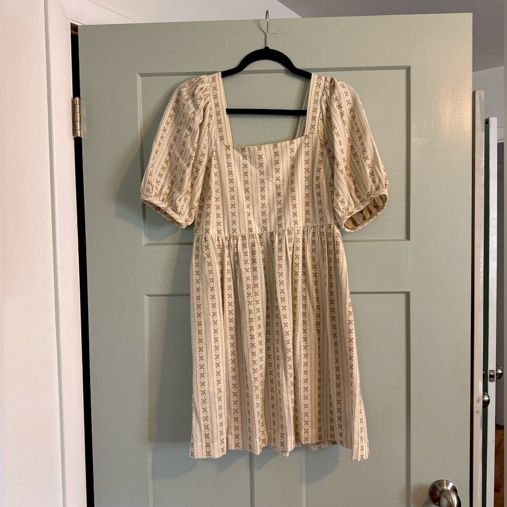 Madewell cream Square-Neck Puff-Sleeve Dress in Jacquard Stripe size small NE777